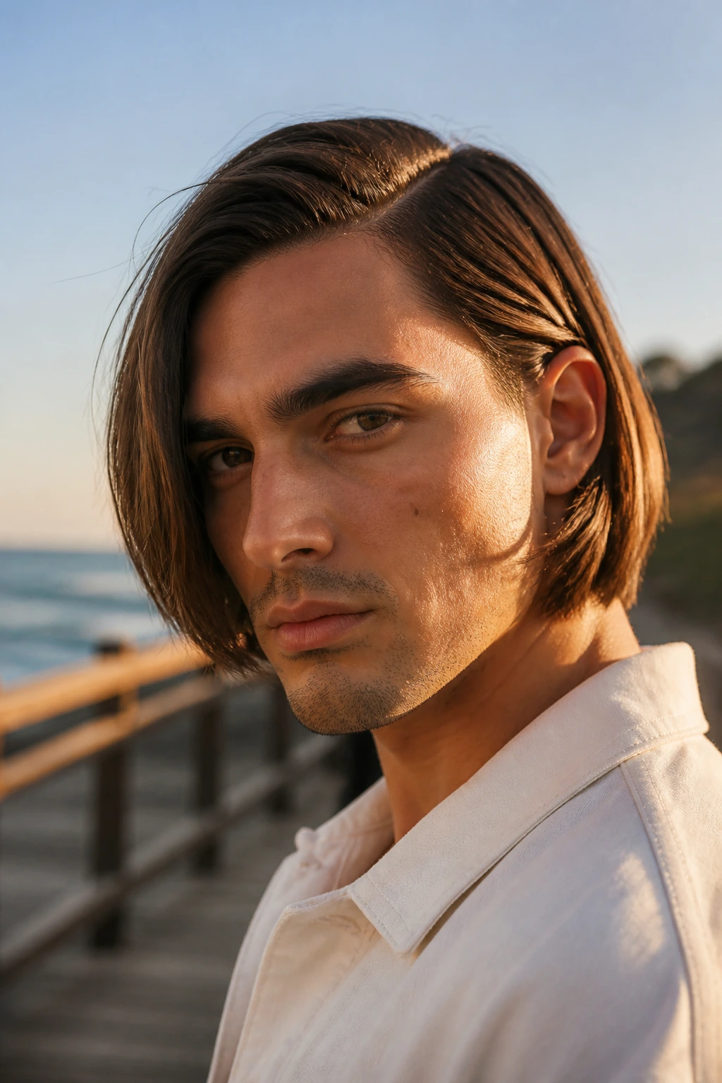 Close-up portrait of a real man with a side-part bob on a boardwalk at dawn