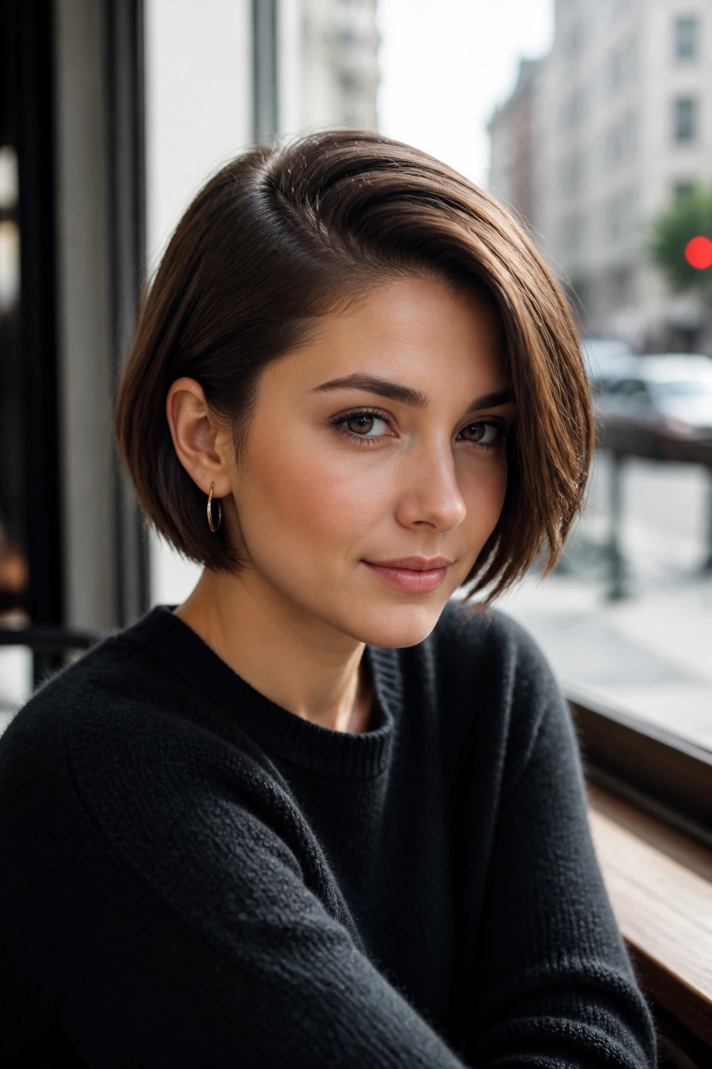 Close-up portrait of a real woman with a deep side-parted bob.