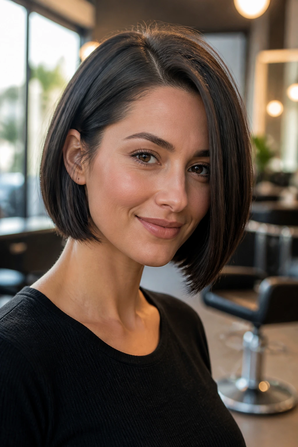 Close-up of a real woman with a side-parted sleek bob in a warm salon setting