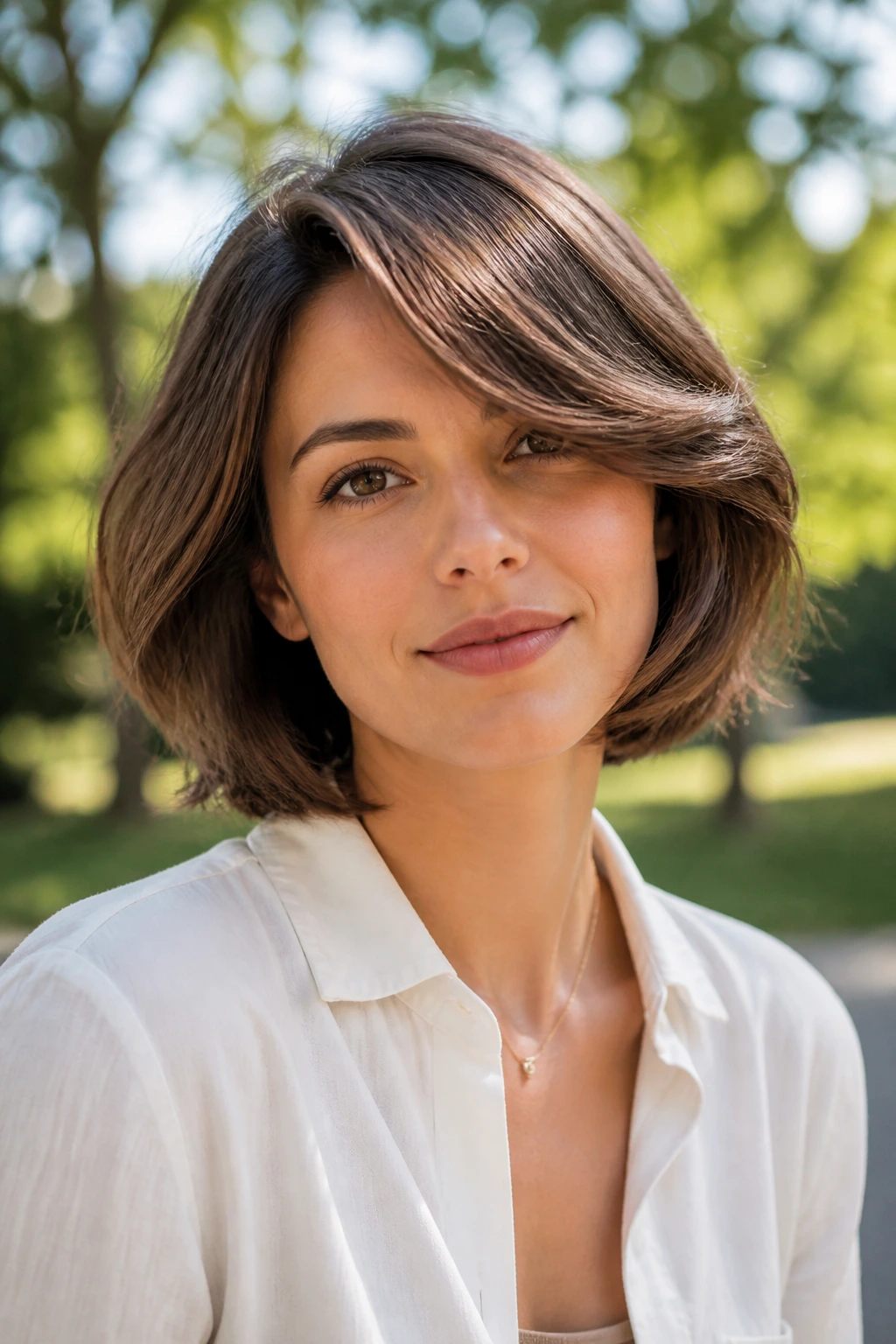 Close-up of real woman with side-part bob and swept curtain bangs in a sunlit park