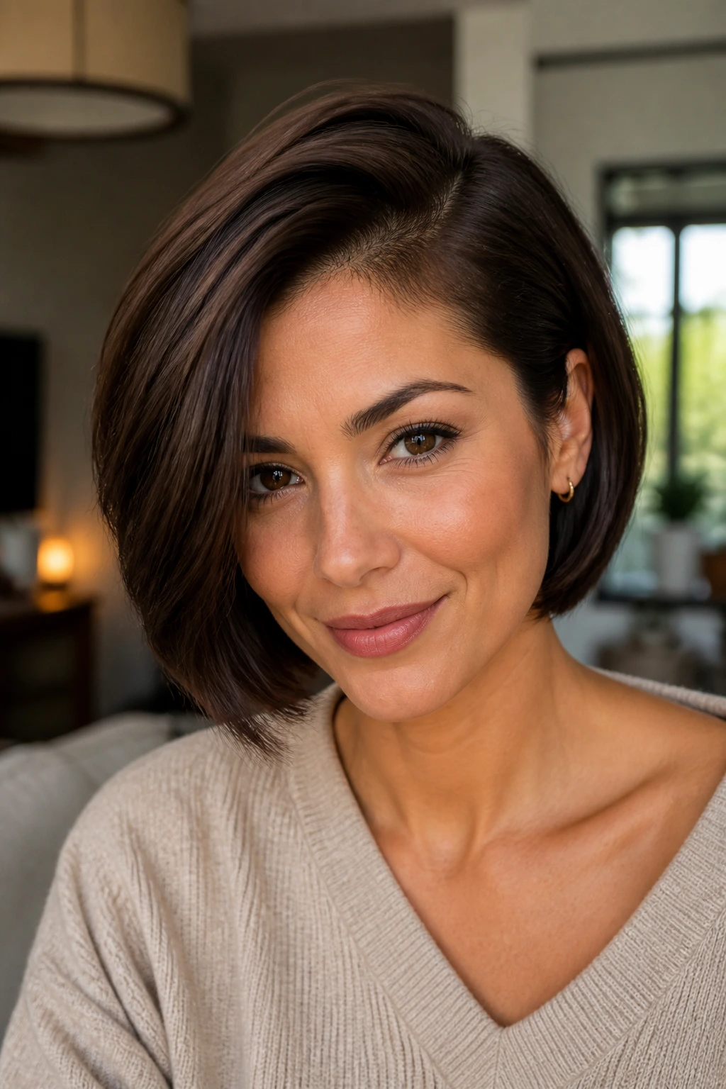 Close-up portrait of a real woman with a deep side-parted thick bob.