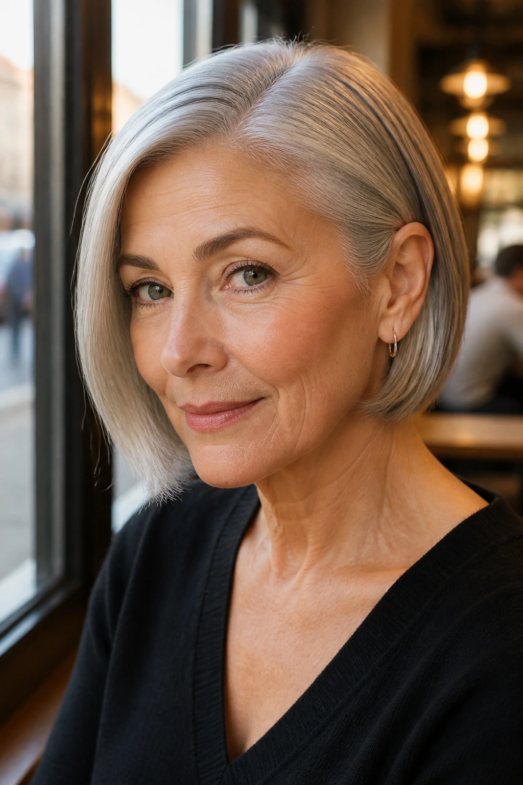 Close-up of a real woman with smooth side-part bob tucked behind one ear