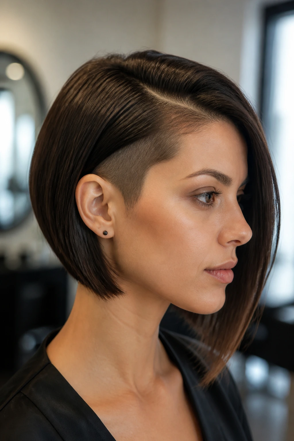 Close-up portrait of a real person showcasing a side-part bob with underlayer