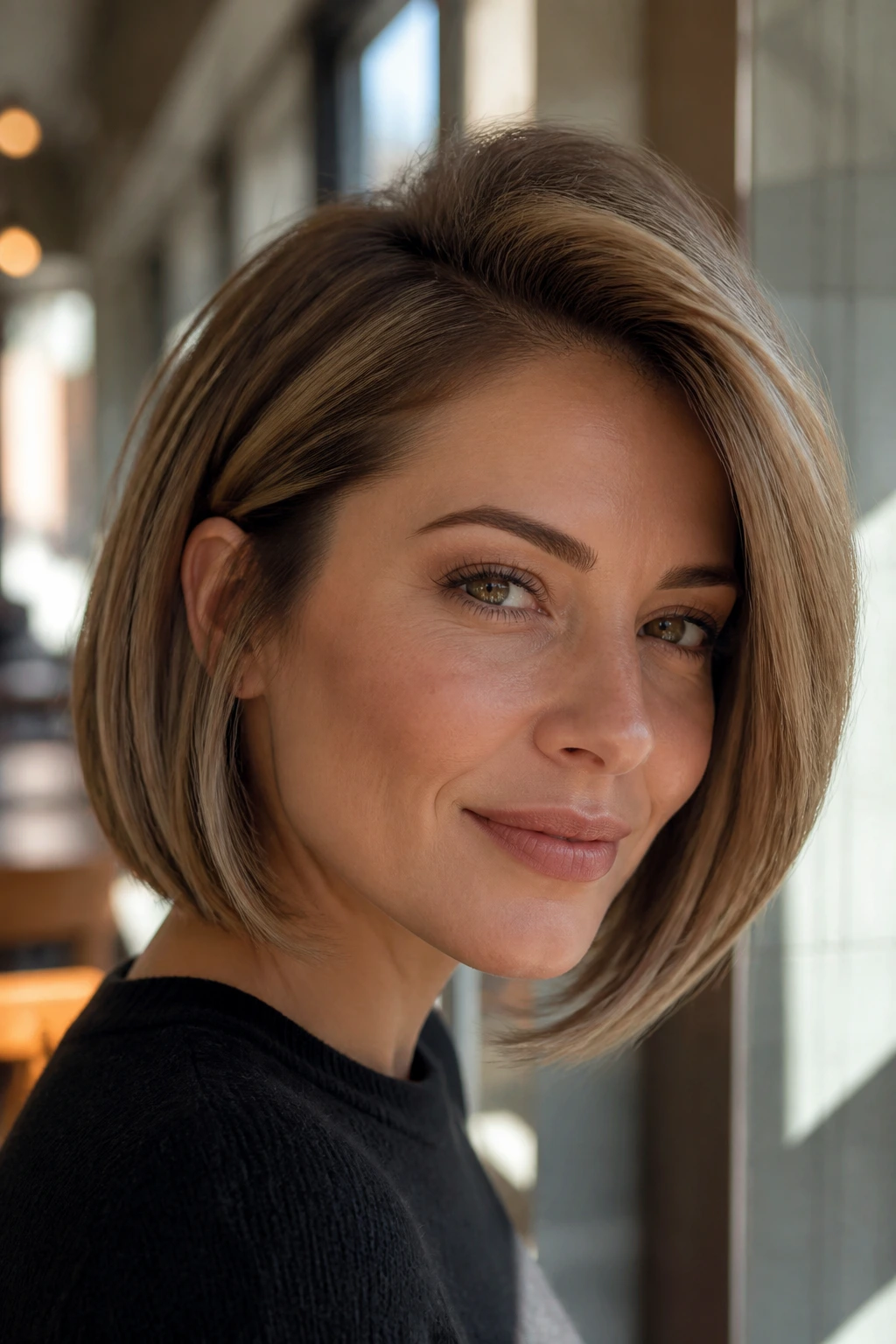 Close-up portrait with side-parted bob and forward volume at the crown