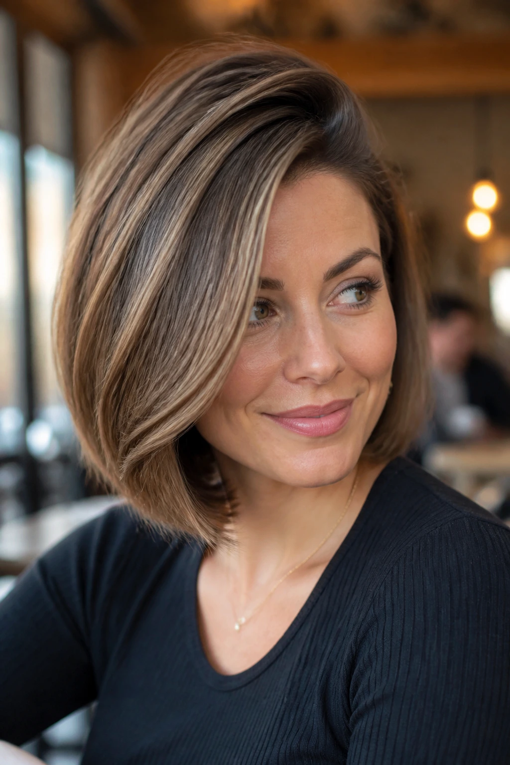 Portrait of woman with deep side part and voluminous crown