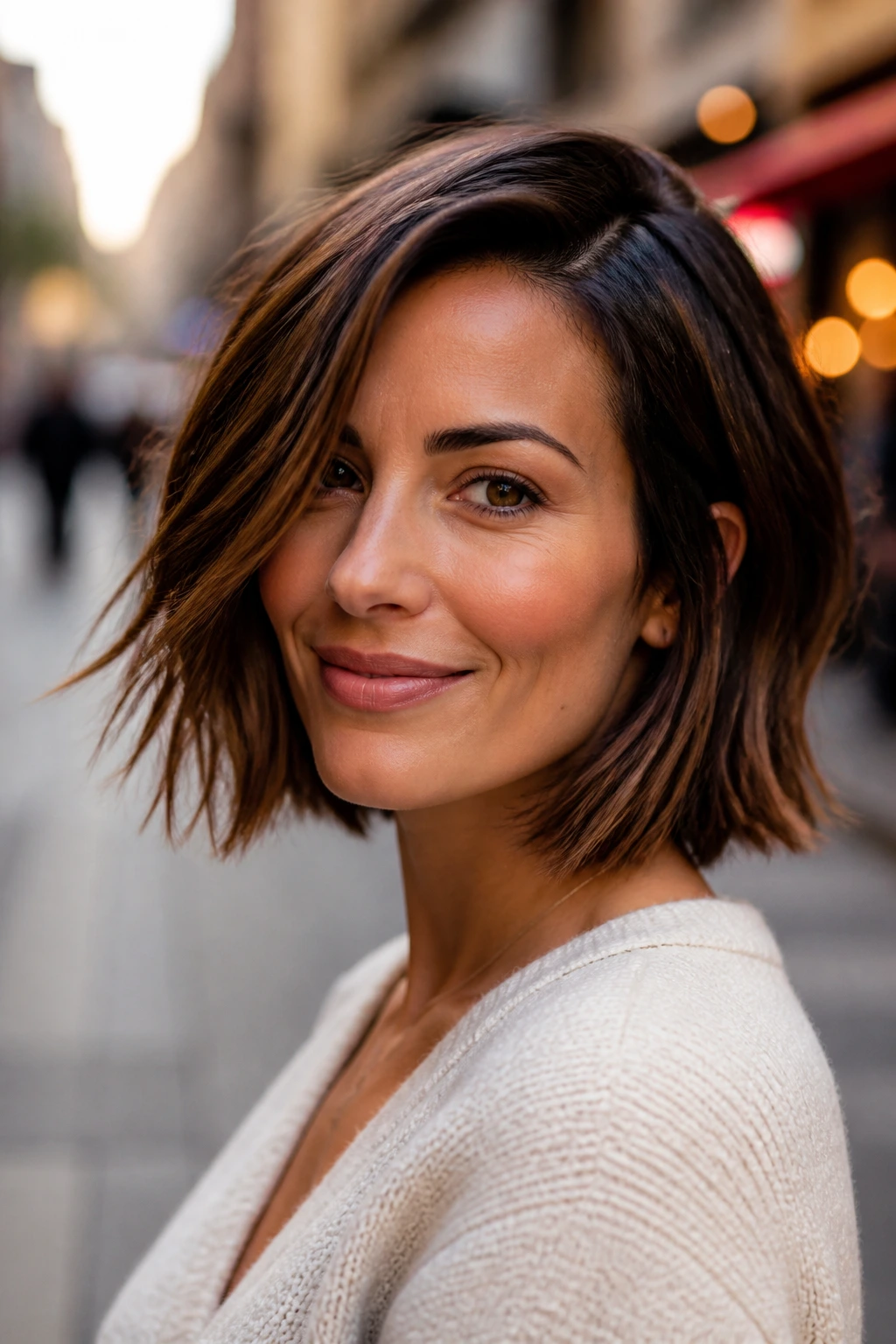 Real woman with side-part bob wearing walnut balayage against warm urban backdrop