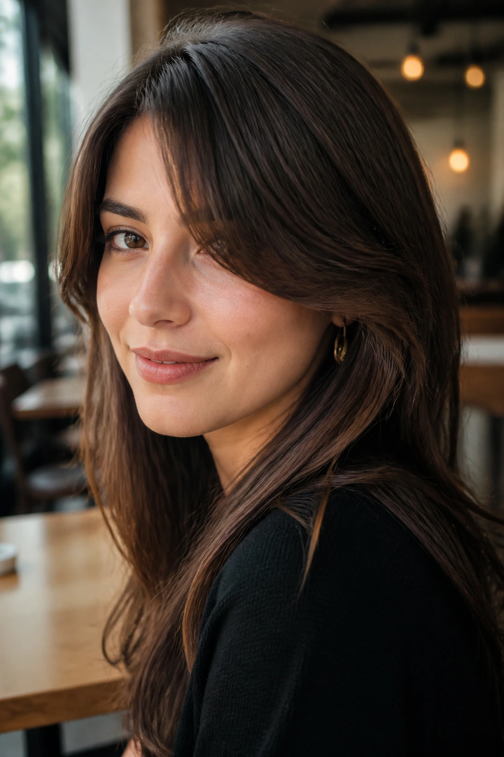 Close-up portrait of a real person with side-part bottleneck bangs sweeping across the forehead.