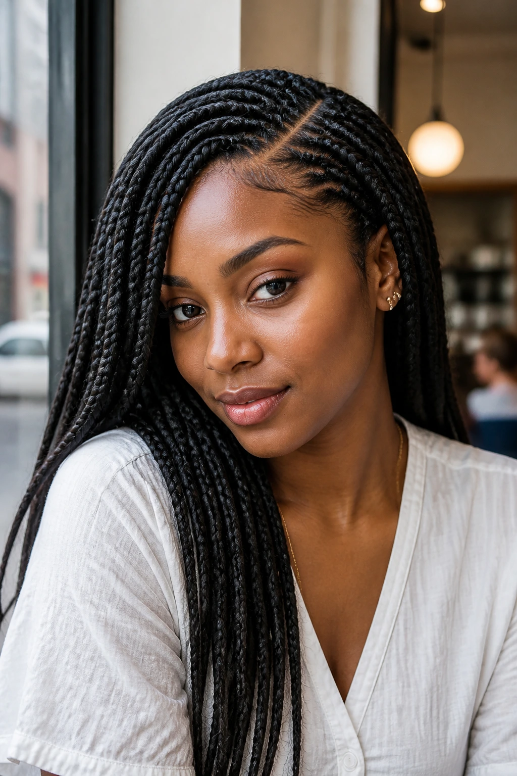 Close-up of a real woman with side-parted box braids