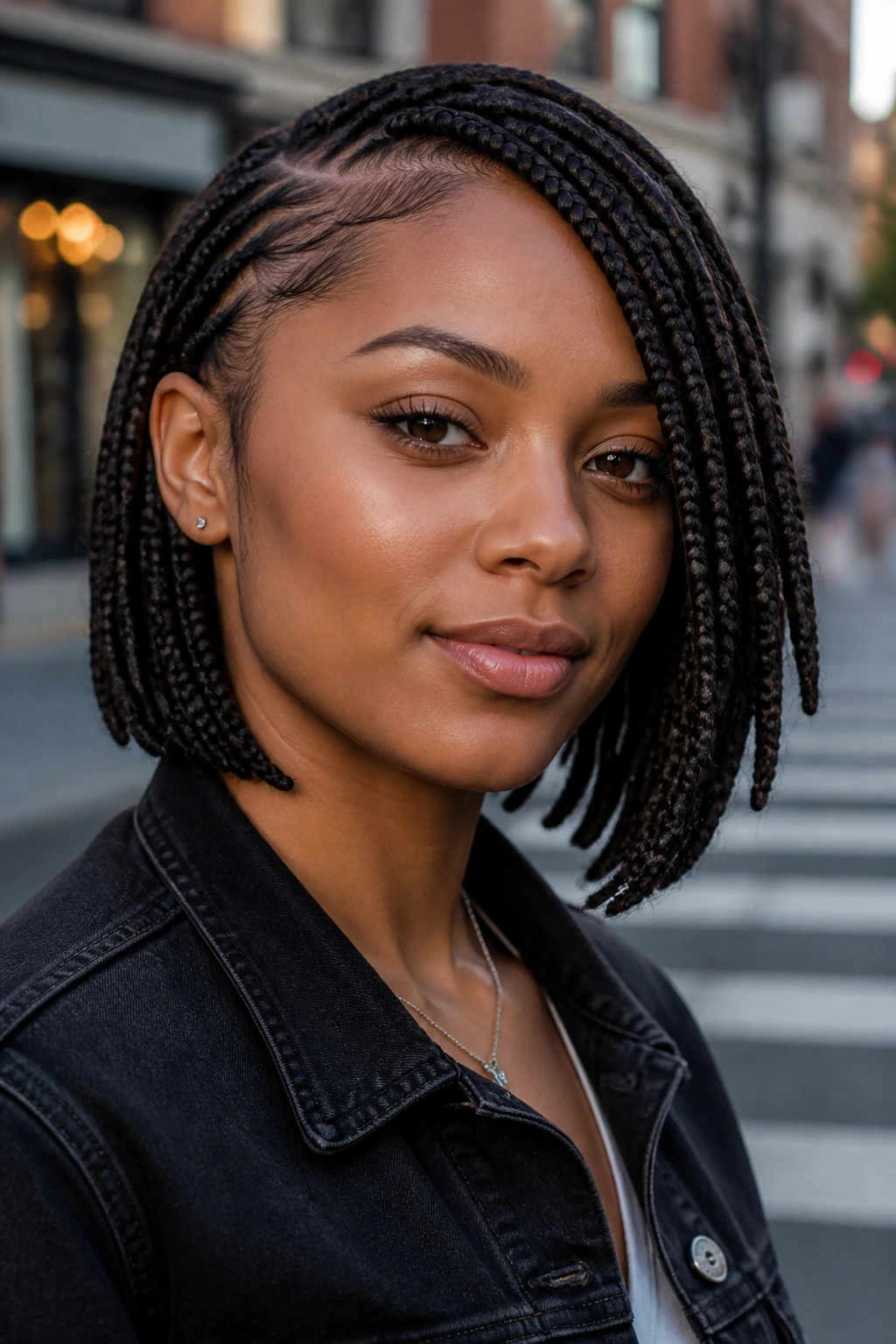 Real person with side-part bob box braids framing cheekbones in natural light.