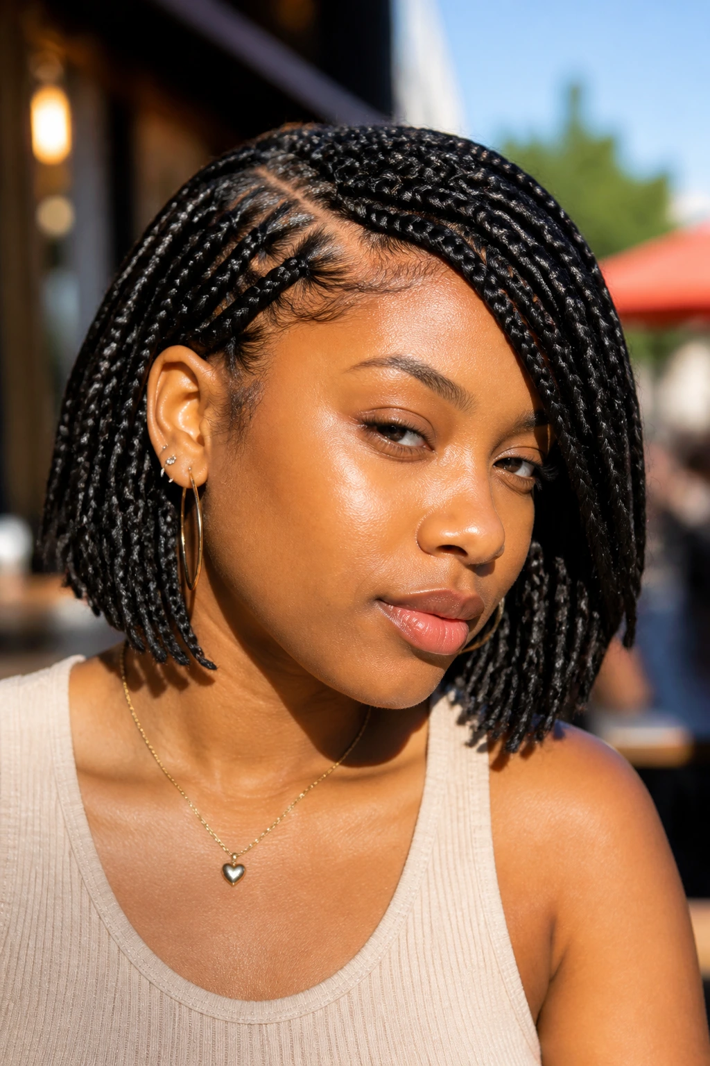 Portrait of a real person with side-part box braids showing movement and soft framing