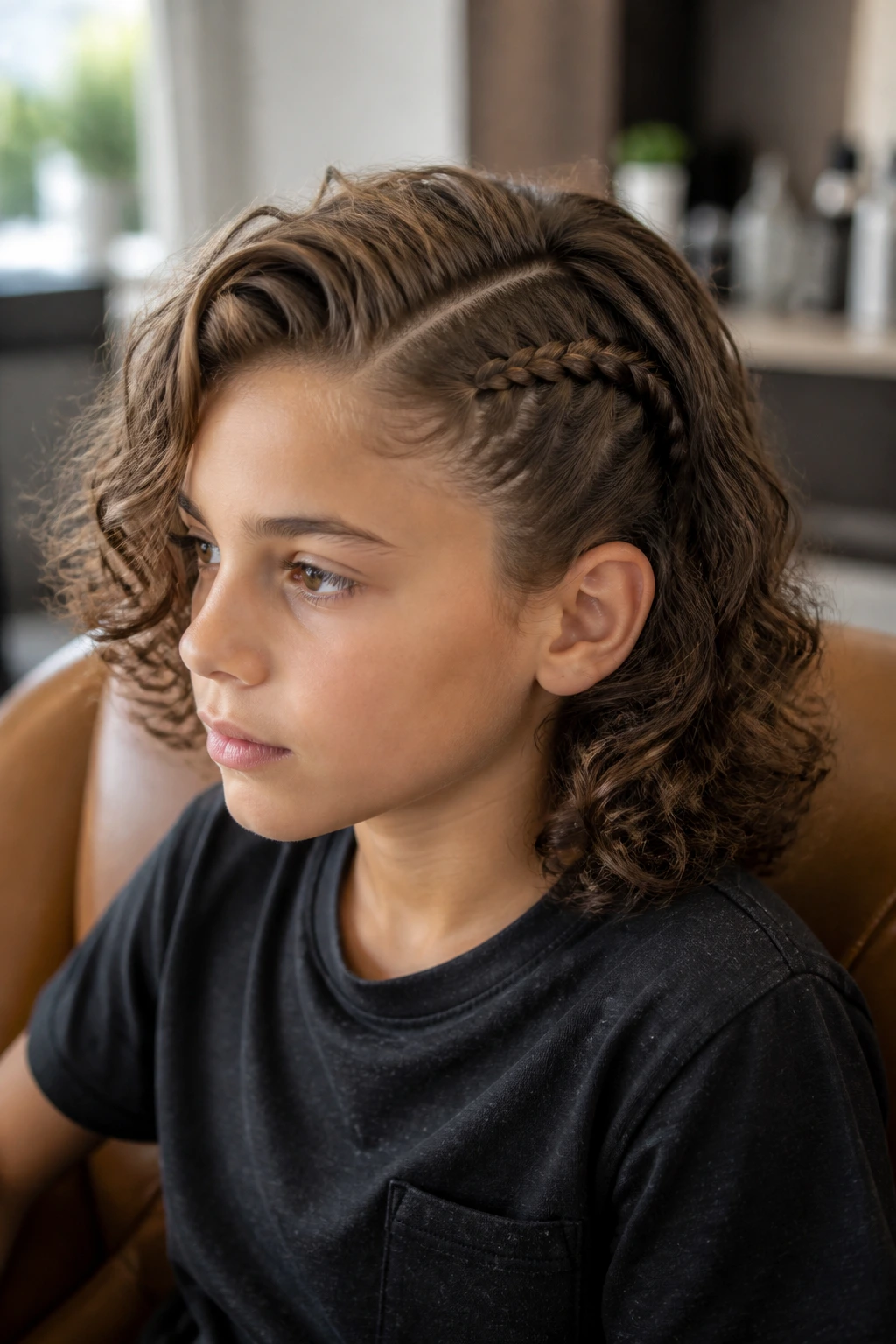 Close-up of a real child with a side part and one braided accent along the temple.