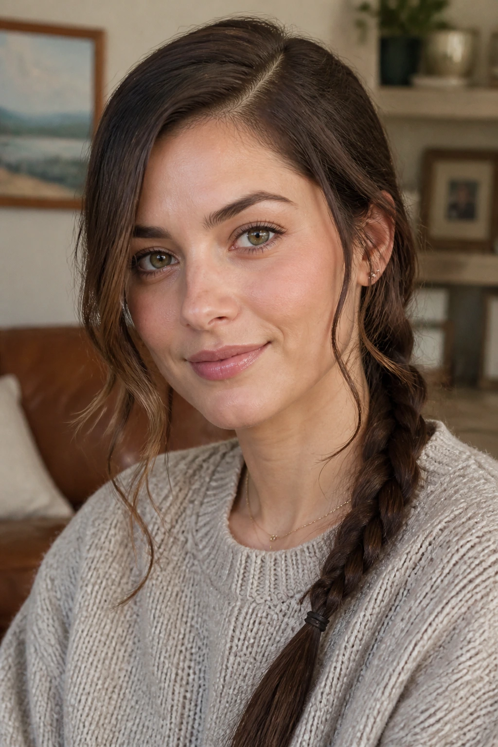 Close-up of a woman with a side-part and a low braid with wispy face-framing pieces