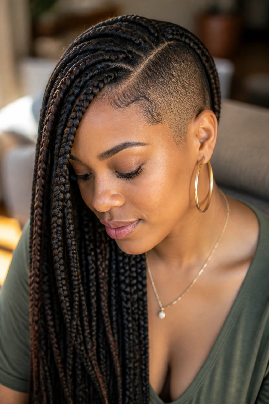 Close-up of a real woman with side-part braids over a buzzed temple in warm natural light