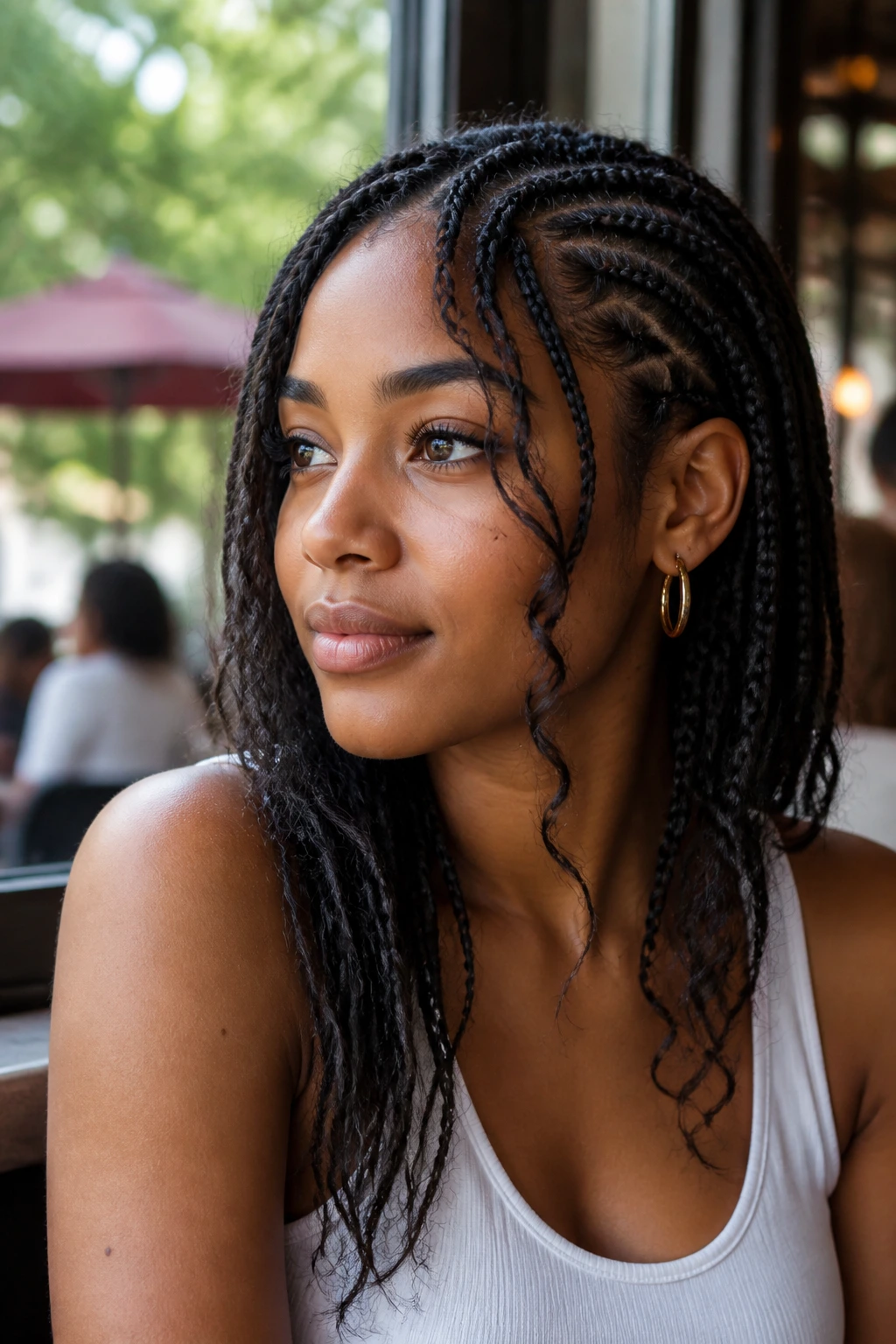 Close-up of a real woman with side-parted curtain braids framing the face