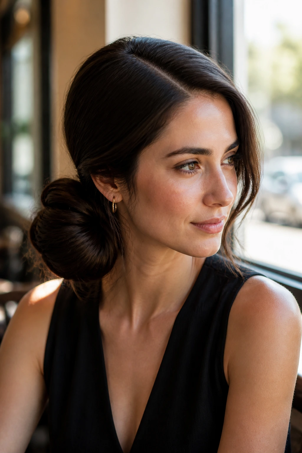 Close-up of a real woman with a deep-part side bun in a sunlit cafe
