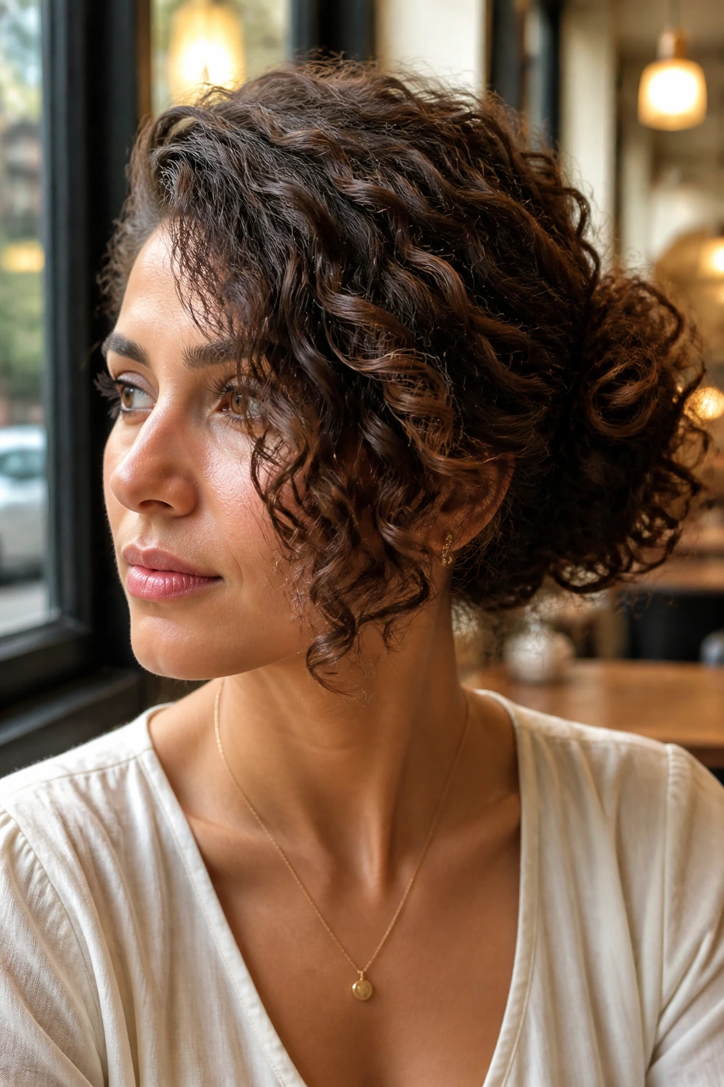 Portrait of a real woman with a deep side part and curly bun in natural light