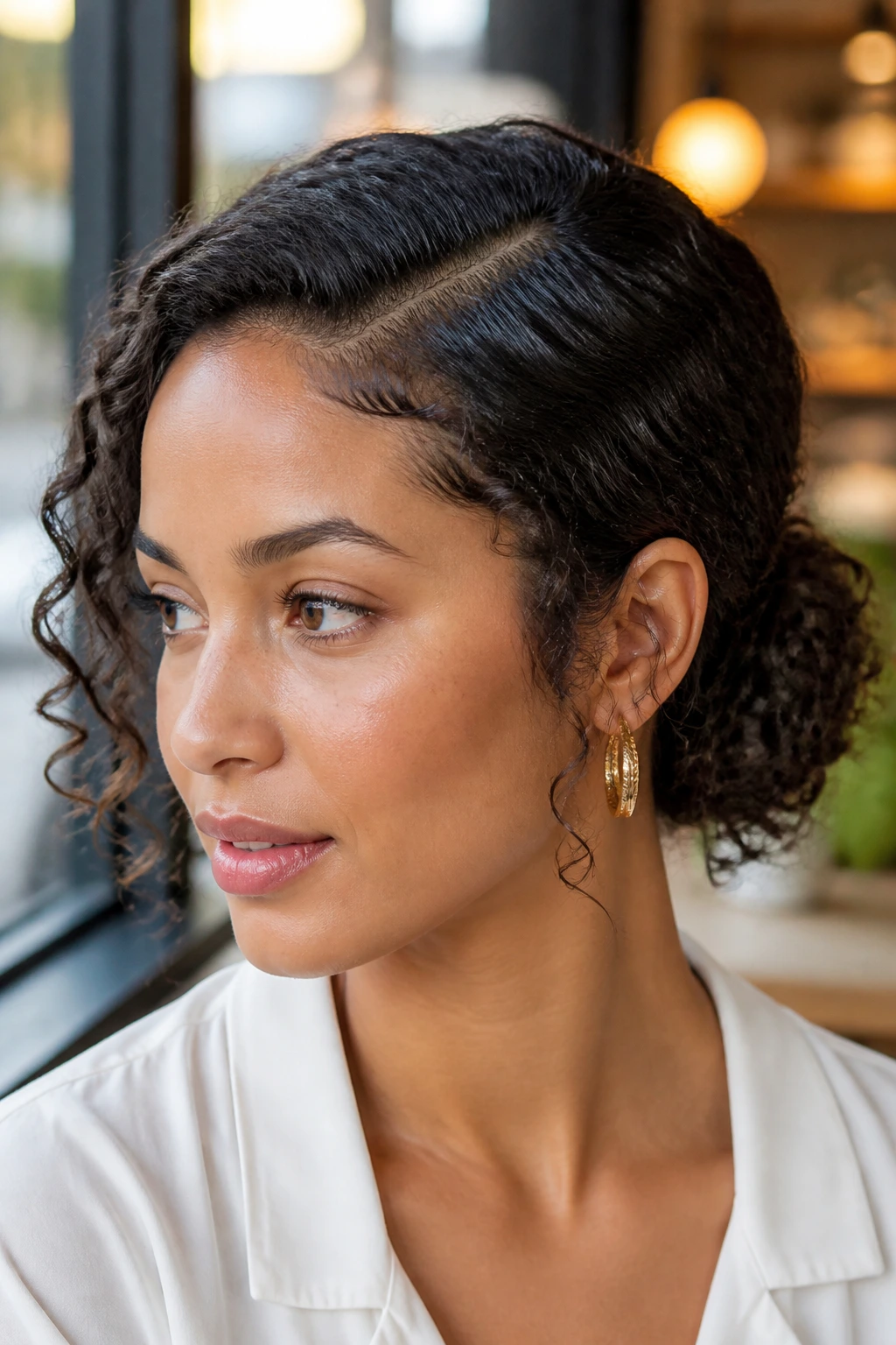 Portrait of a woman with a deep side-part and a bun with curly ends