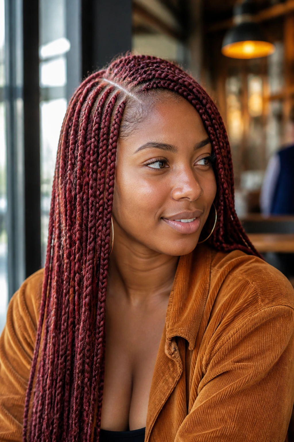 Close-up portrait of a real woman with a deep side-part burgundy knotless braid over her face in a cafe setting