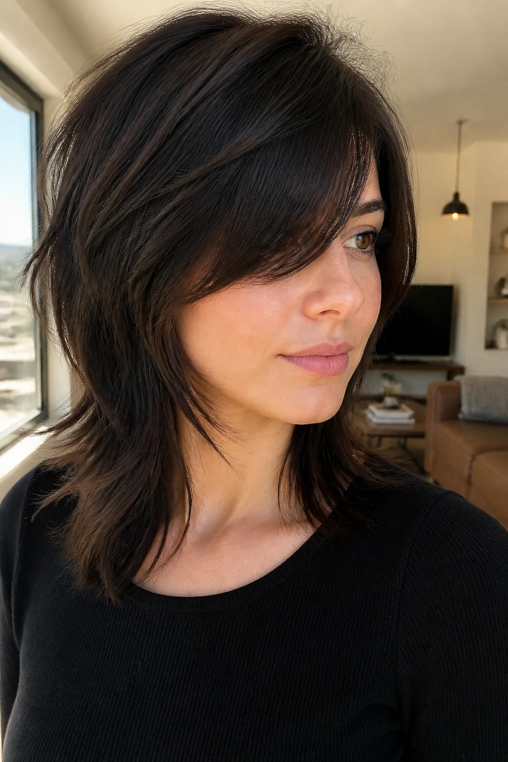 Close-up of a woman with a side-part butterfly shag and long fringe in a bright living room