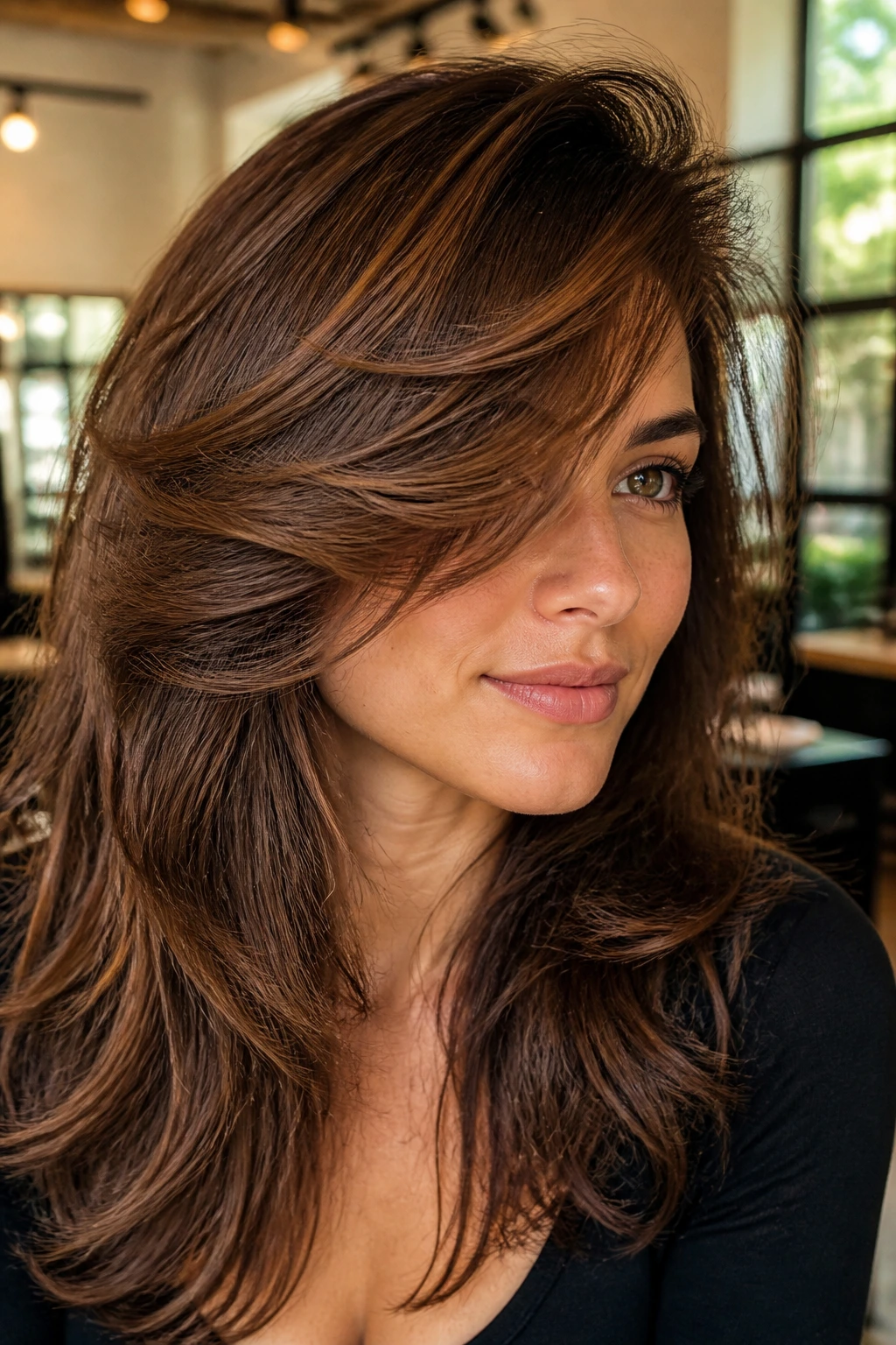 Close-up portrait of a real person with side-part butterfly shag and swooping front layers