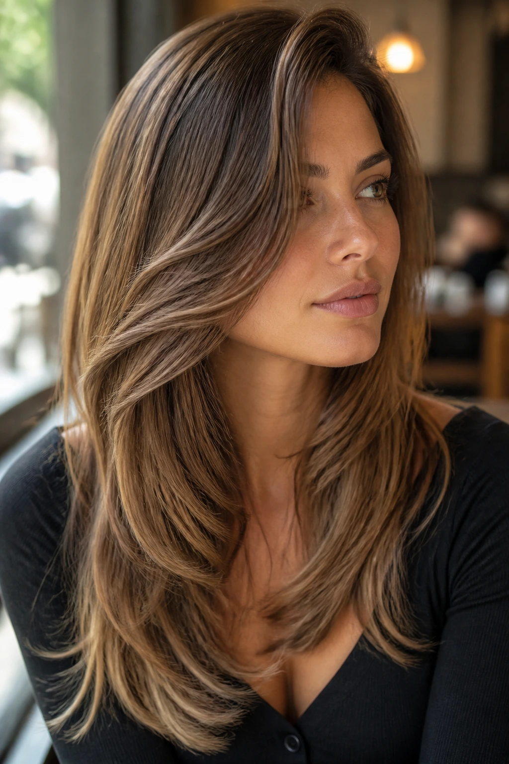 Close-up portrait of a real woman with side-part cascade layers sweeping along her cheek