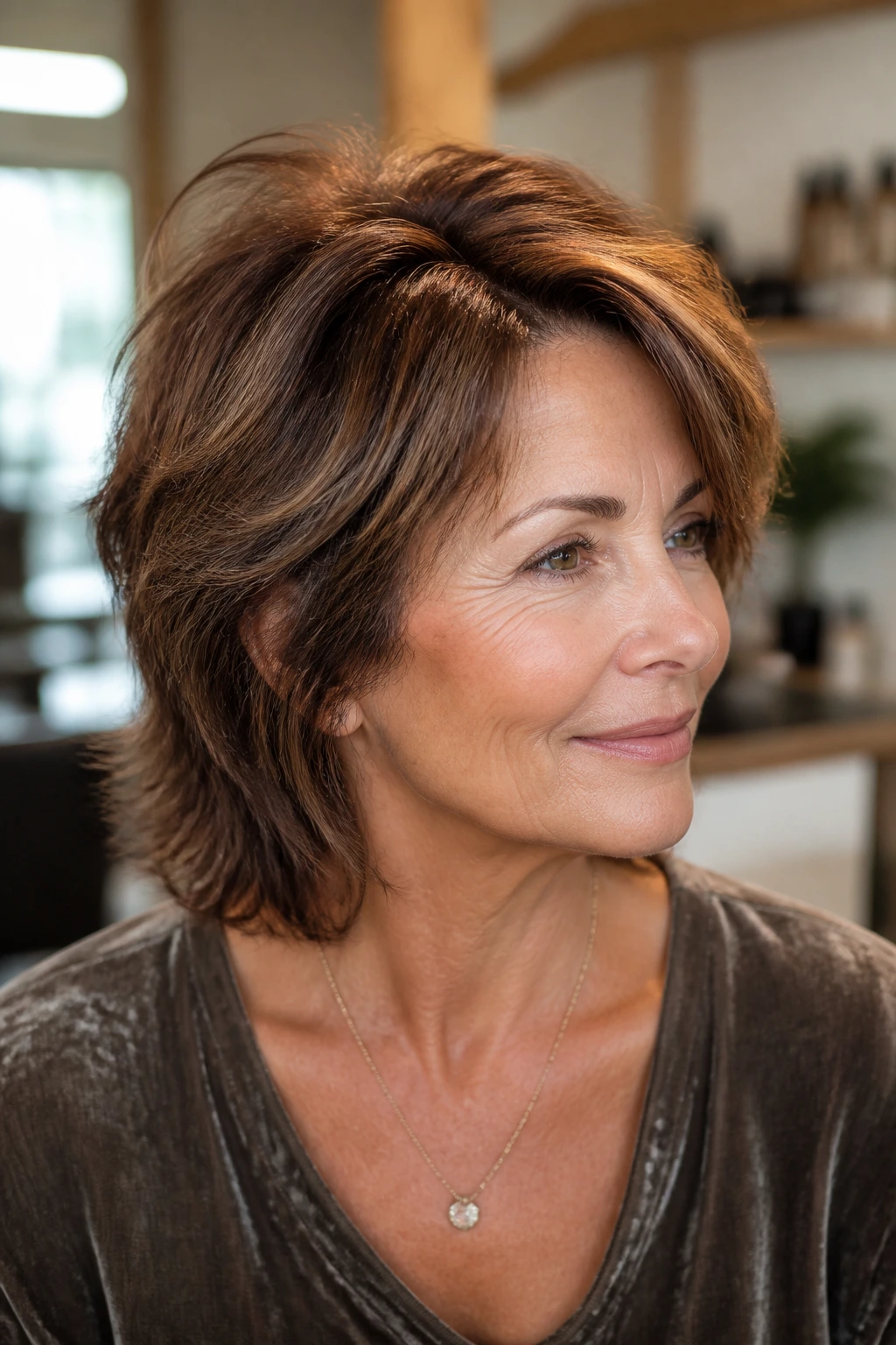 Portrait of a real woman with side-part chestnut shag and lifted crown.