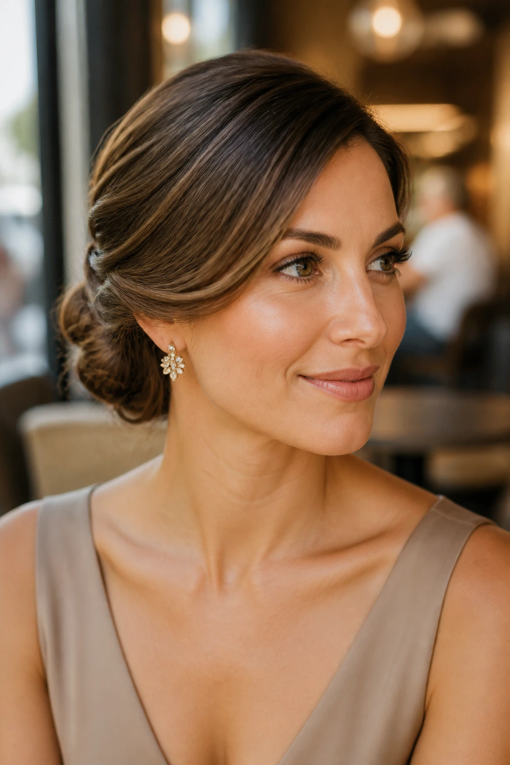 Real woman with side-part chignon in a softly lit setting