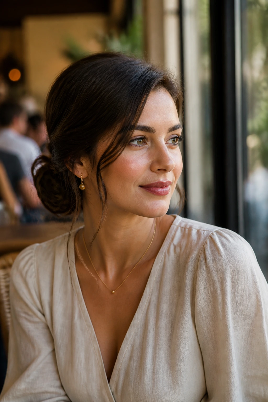 Close-up of a woman with a soft side-part chignon in warm cafe lighting