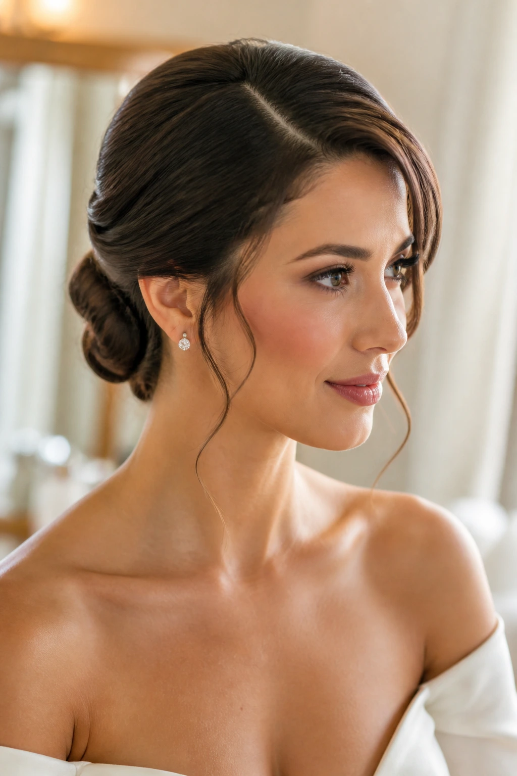 Close-up portrait of a woman with a low polished chignon and soft tendrils at the temples by a window