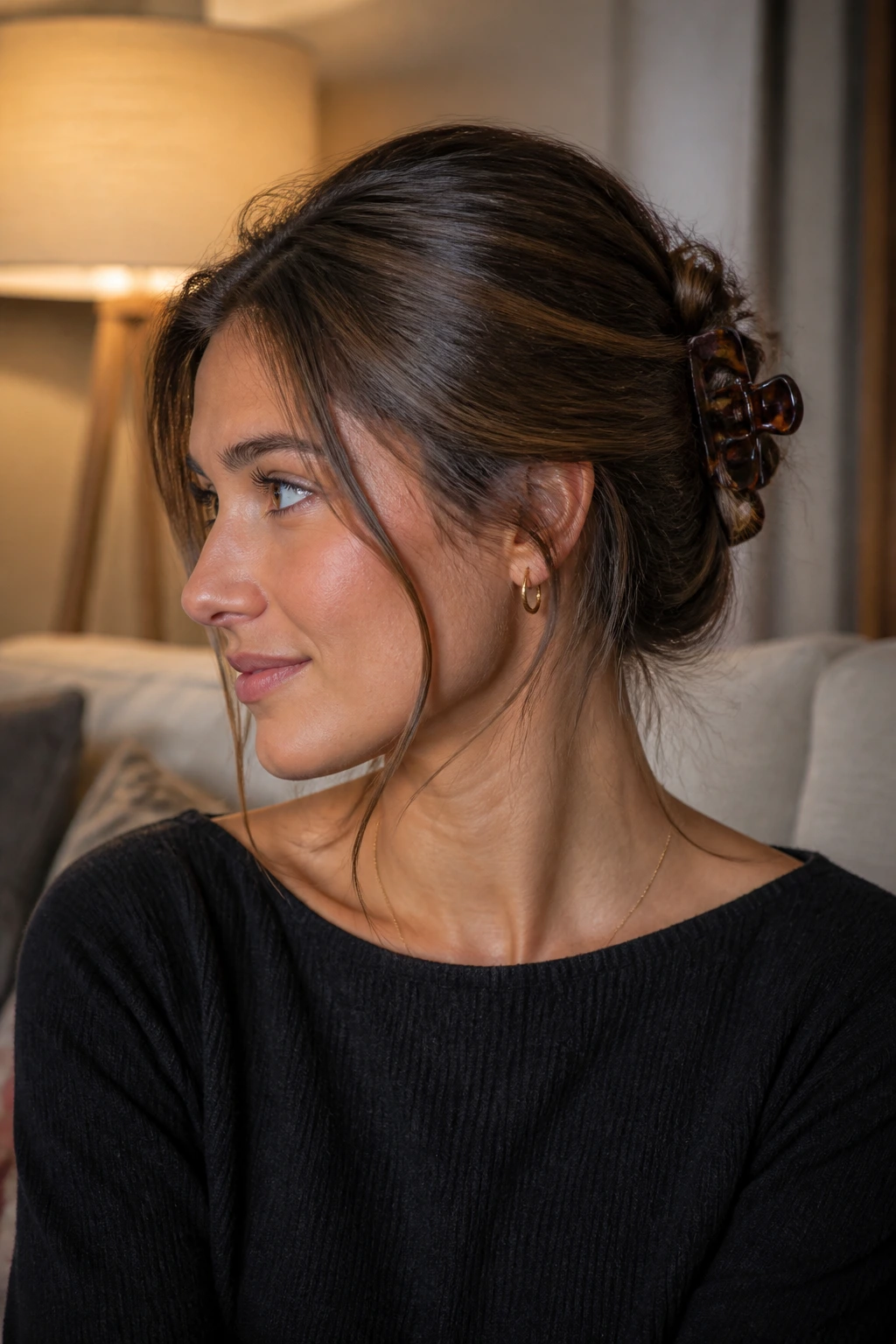 Portrait of a woman with a side part and claw-clip twist hairstyle