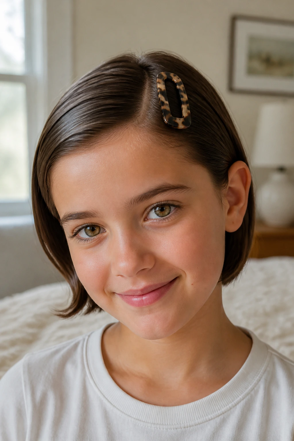 Close-up of a child with a deep side part and a bold clip keeping hair off the face