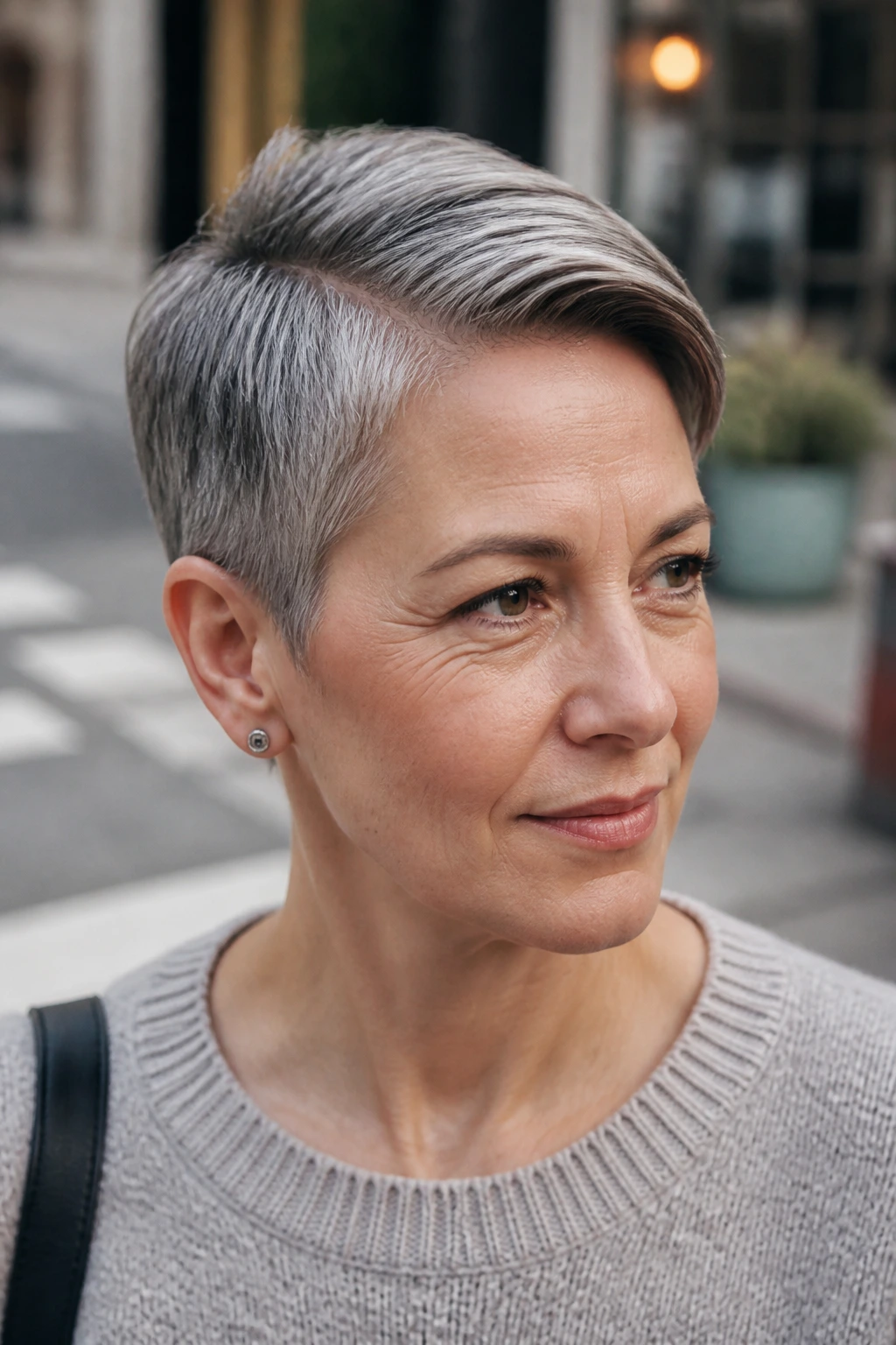 Close-up of a real woman with Side-Parted Close Crop hairstyle.