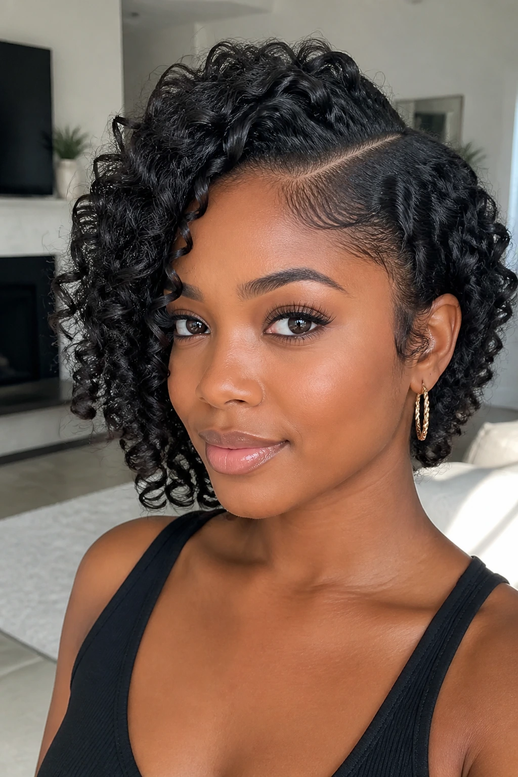 Close-up of a real person with a neat side-part and coils aligned along the part