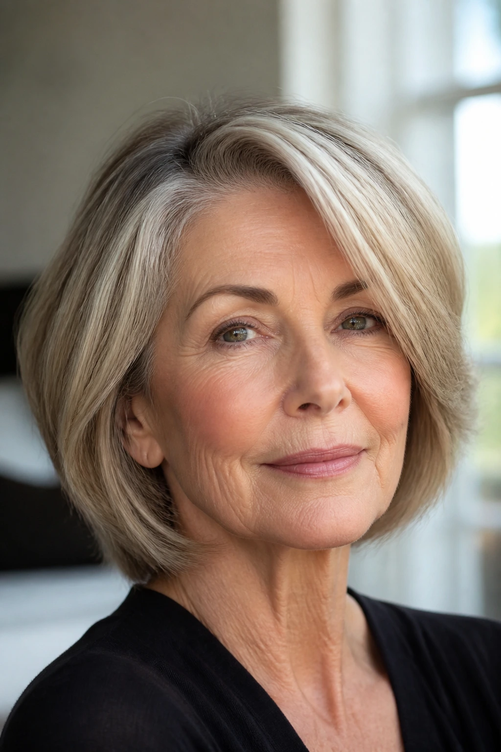 Portrait of a real woman with a side-parted bob and contour layers, crown lift visible