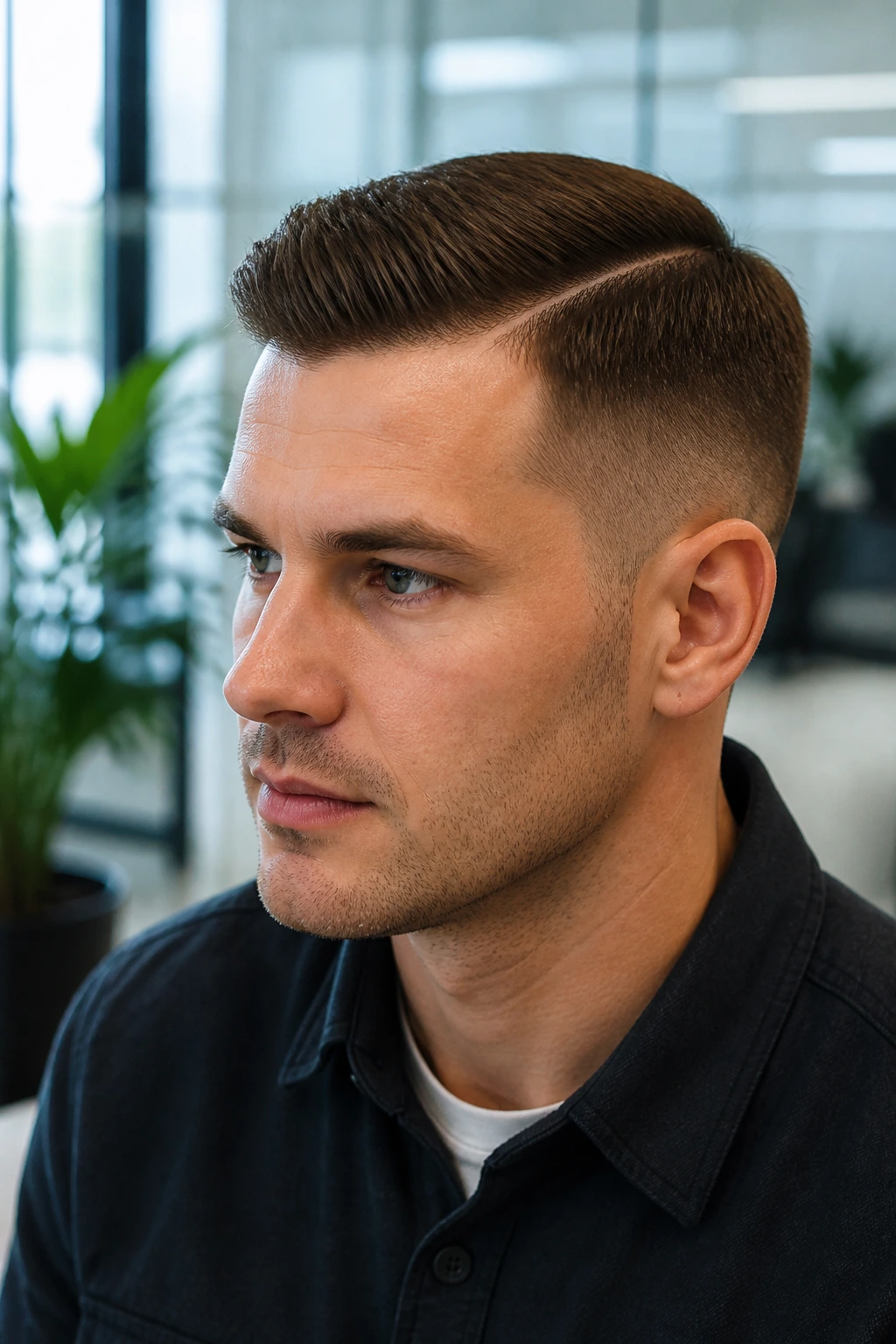 Close-up portrait of a man with a side-part crew cut in an office setting