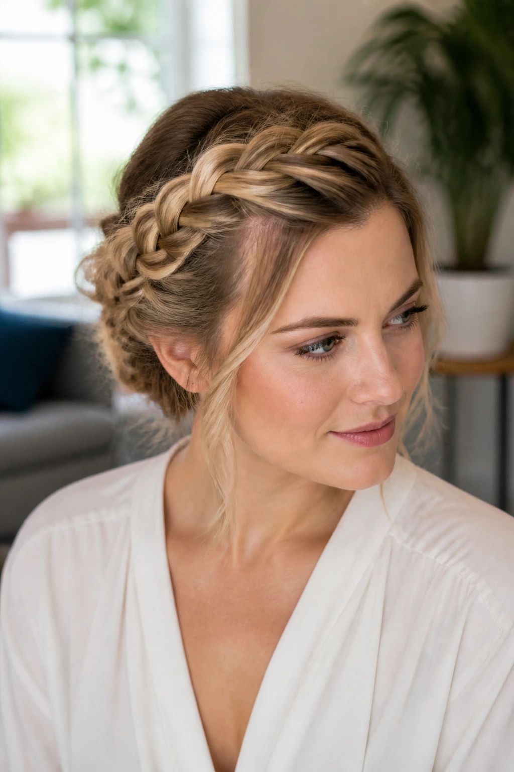 Close-up of a woman with off-center crown braid in a sunlit room
