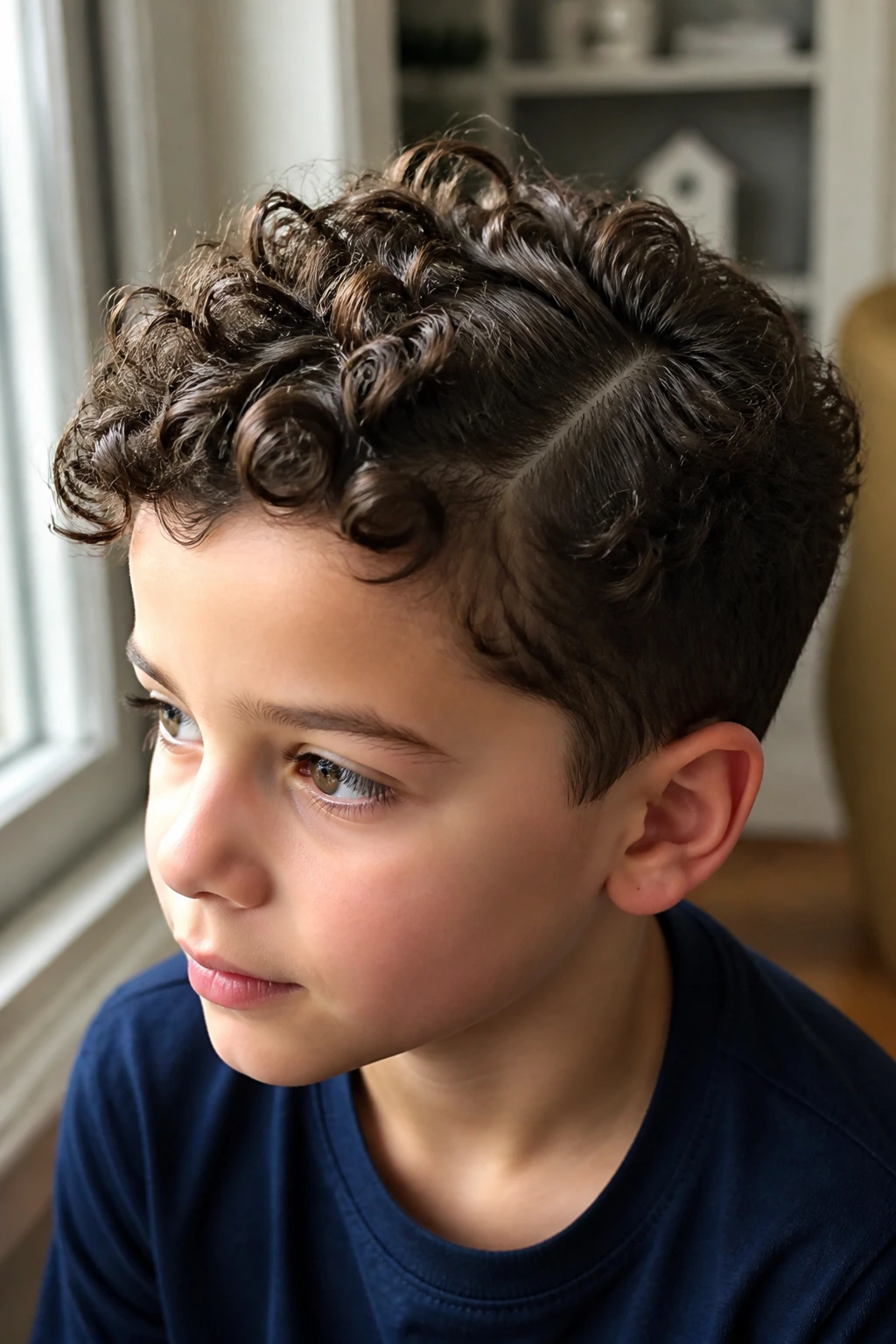 Boy with side part and defined curls.
