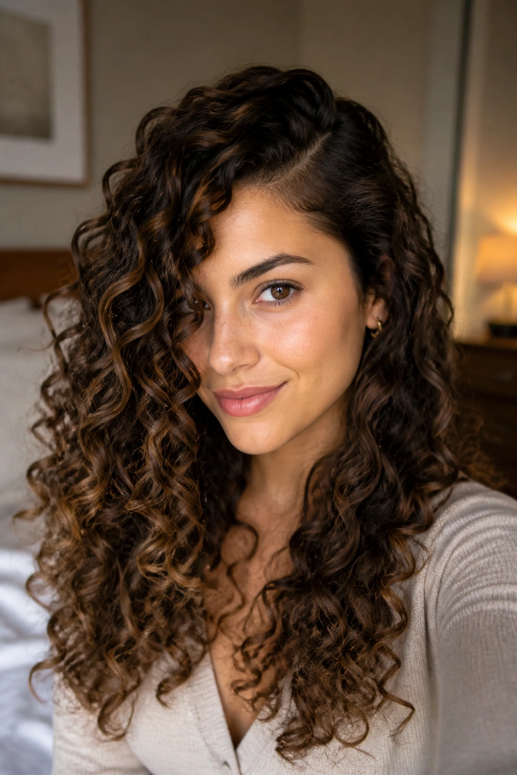 Close-up of long curls with a deep side part cascading along the face