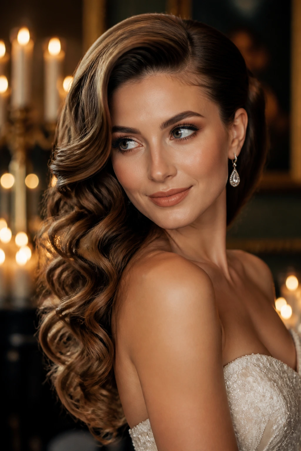 Bride with side-part glam curls and statement earring in candlelit setting