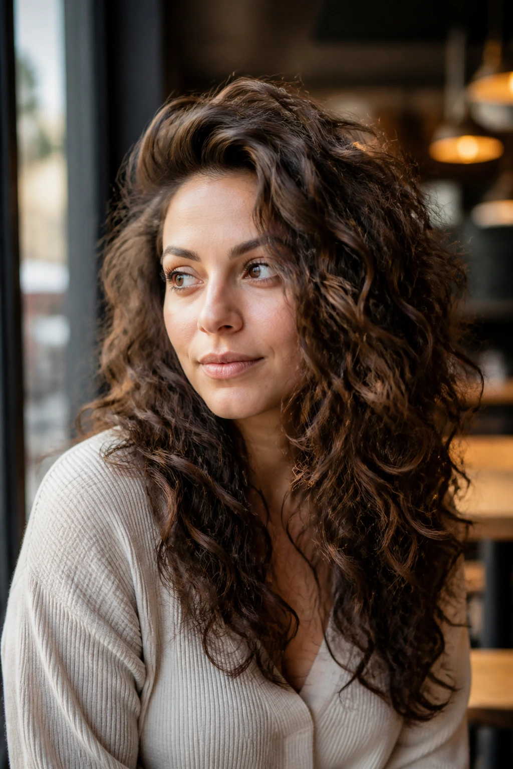 Three-quarter view of a real woman with a deep side part and layered curls