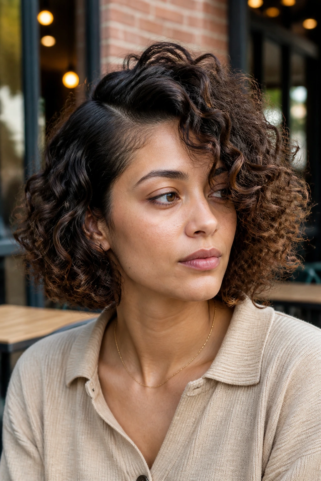 Close-up portrait of a real woman with a side-part curly bob
