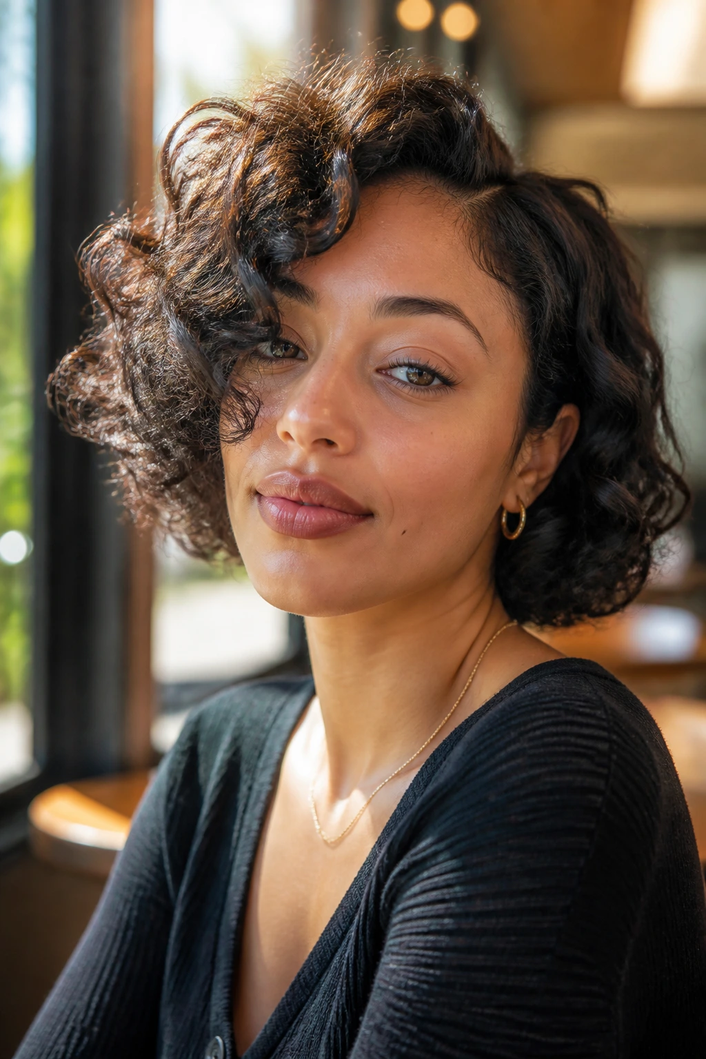 Close-up of woman with side-part curly bob.