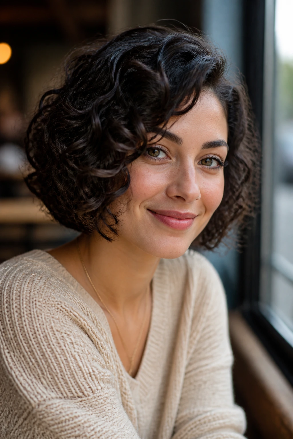 Portrait of a woman with a side-part curly bob in natural cafe light