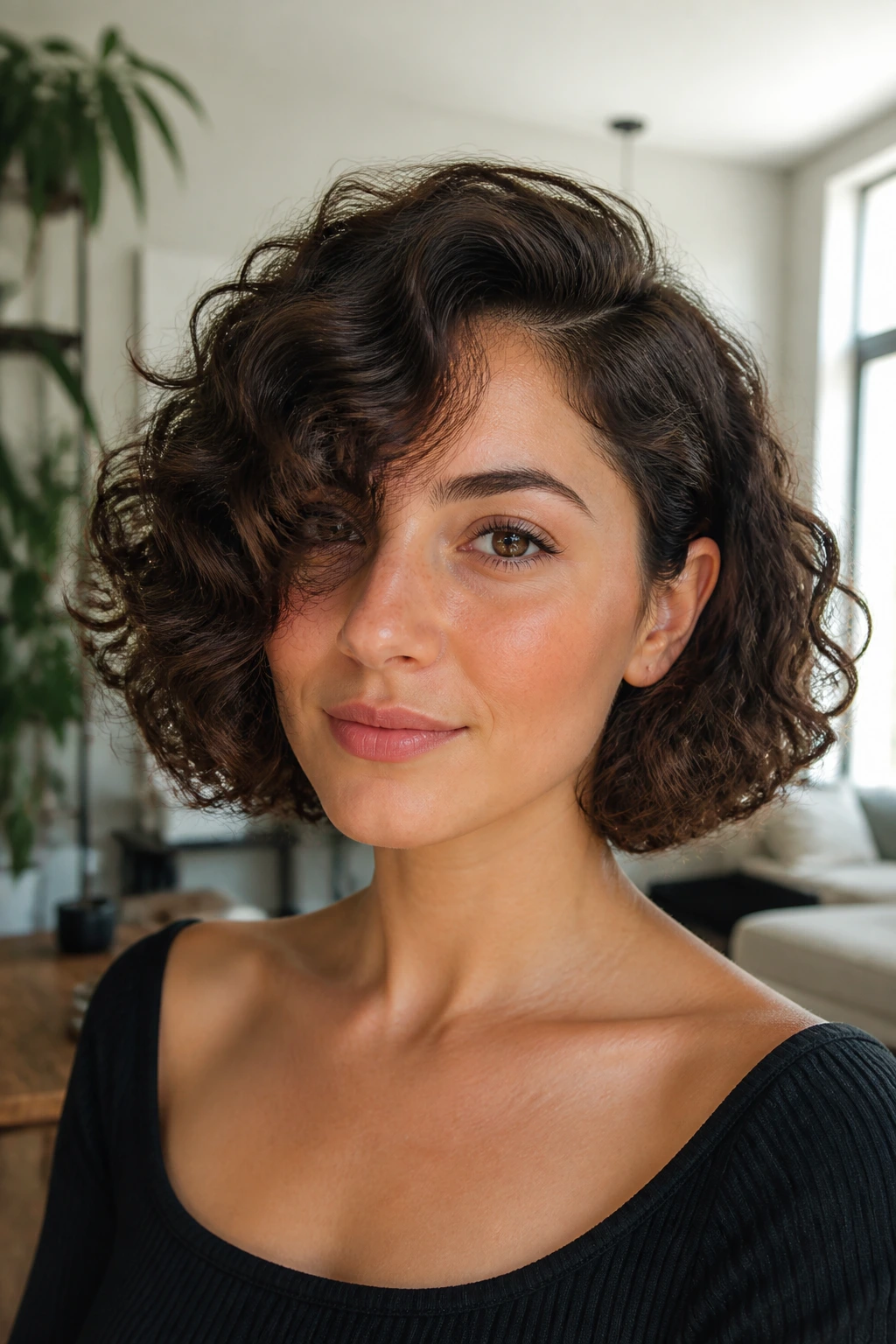 Close-up portrait of a real woman with side-parted curly bob and sweeping front