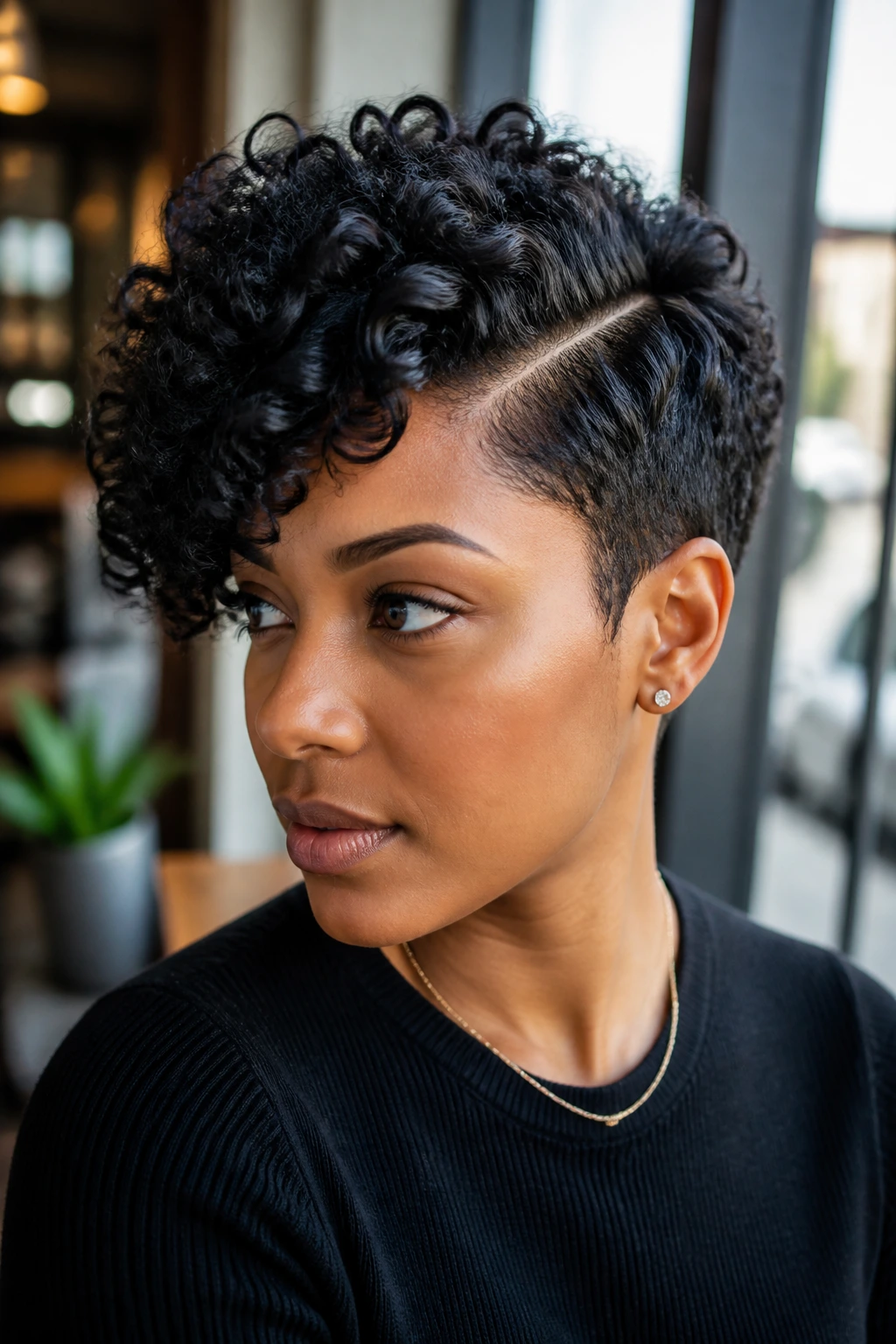 Portrait of a person with a side-part curly crop swooping forward.
