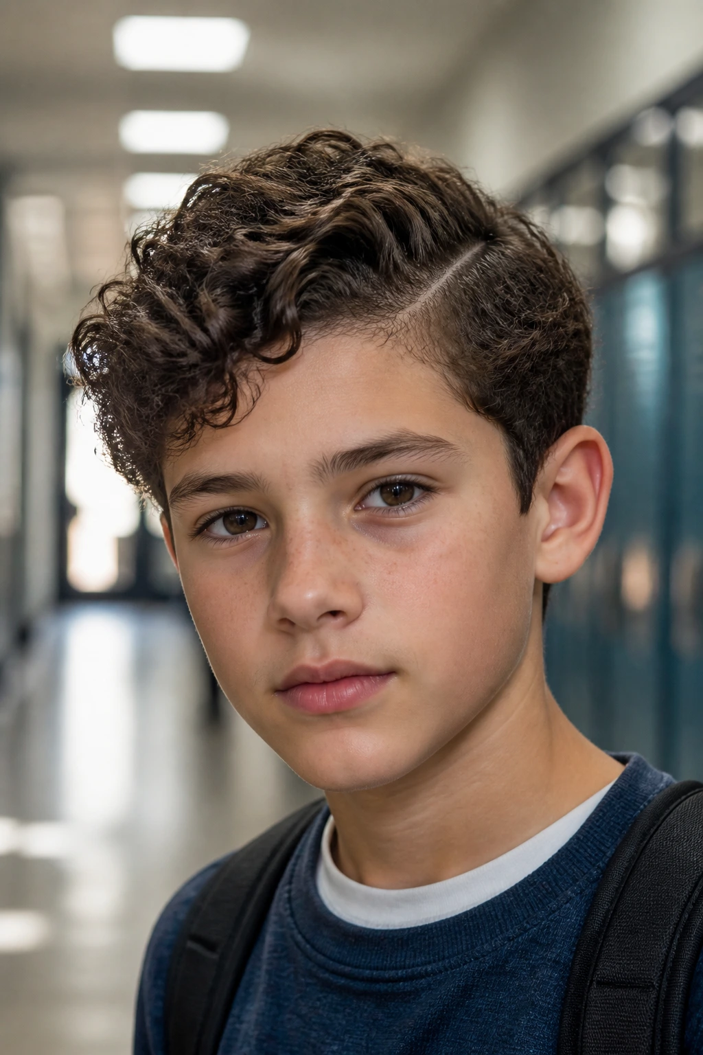 Close-up of a real boy with Side-Part Curly Cut in a school hallway