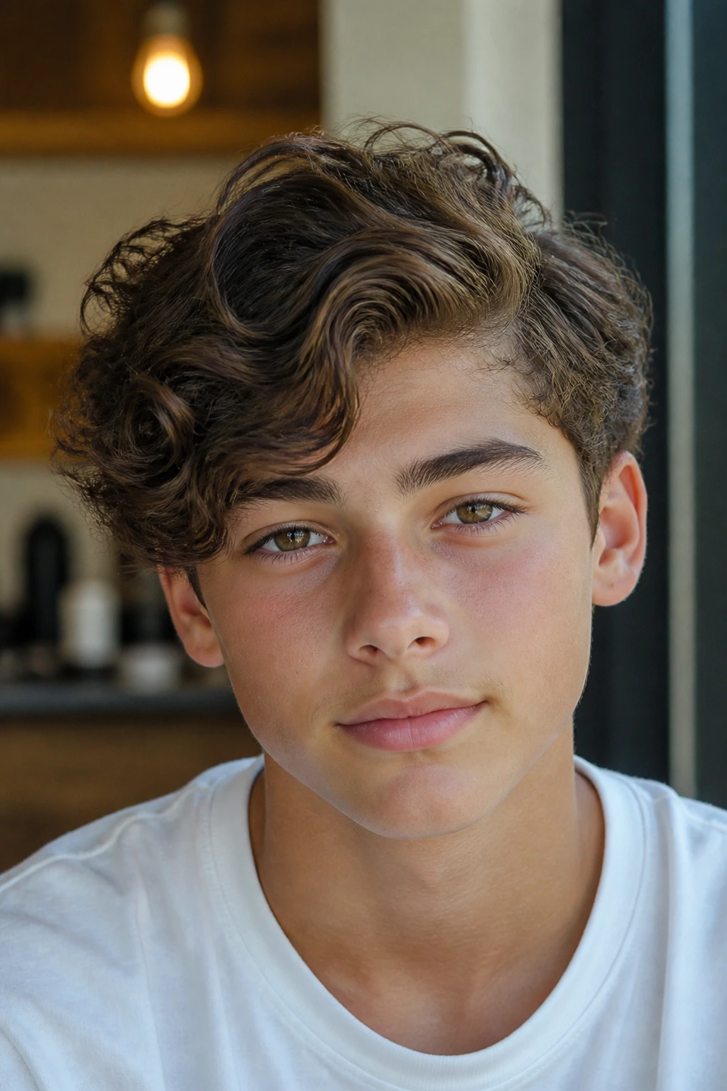 Close-up of a real boy with a soft side-part on curly hair