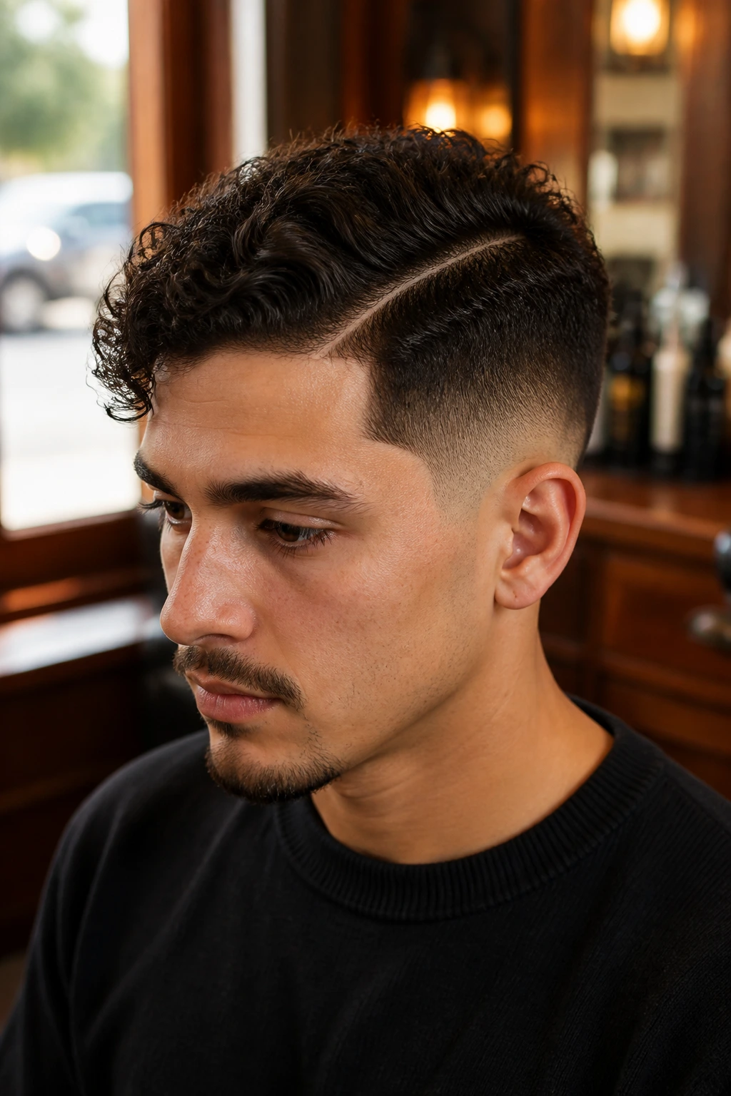 Close-up of Side-Part Curly Fade on a real person in a warm barber shop