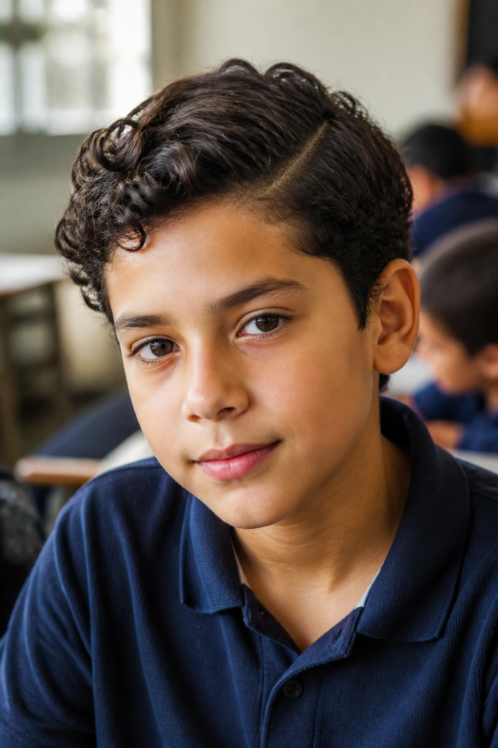 Close-up portrait of a real boy with a side-parted curly hairstyle