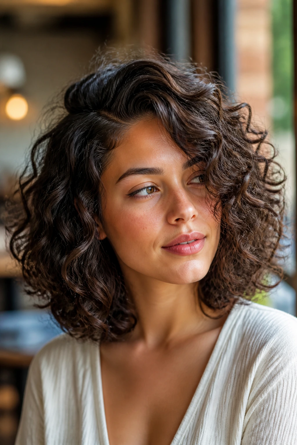 Portrait of a real woman with a deep side part and curly lob